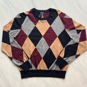 NWT Minnie Rose Diamond Argyle Cotton Cashmere Sweater Navy/Burgundy/Camel Sz S
